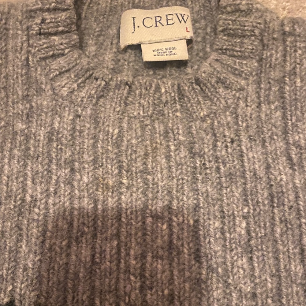 Men’s J. Crew Large (fits like Med.) Wool Sweater; gray/navy striped; comfy!